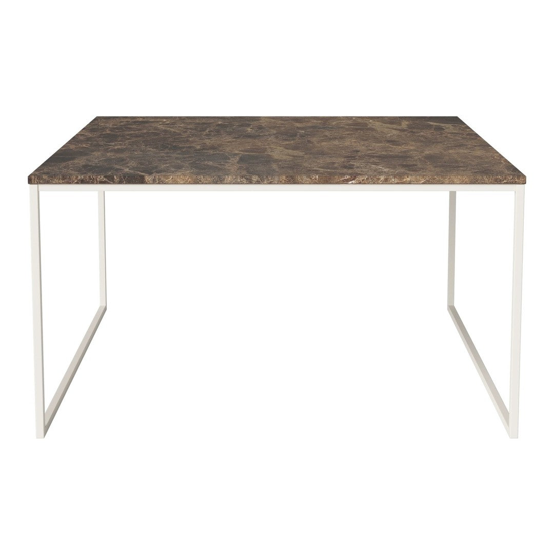 Rectangular table with a brown, marble-patterned top and white metal legs. Modern, minimalistic design.