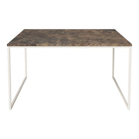 Rectangular table with a brown, marble-patterned top and white metal legs. Modern, minimalistic design.