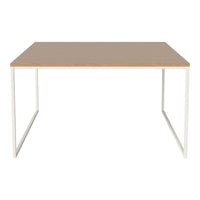Light oak wood tabletop with a smooth surface, complemented by a sleek white metal frame. Minimalist design.