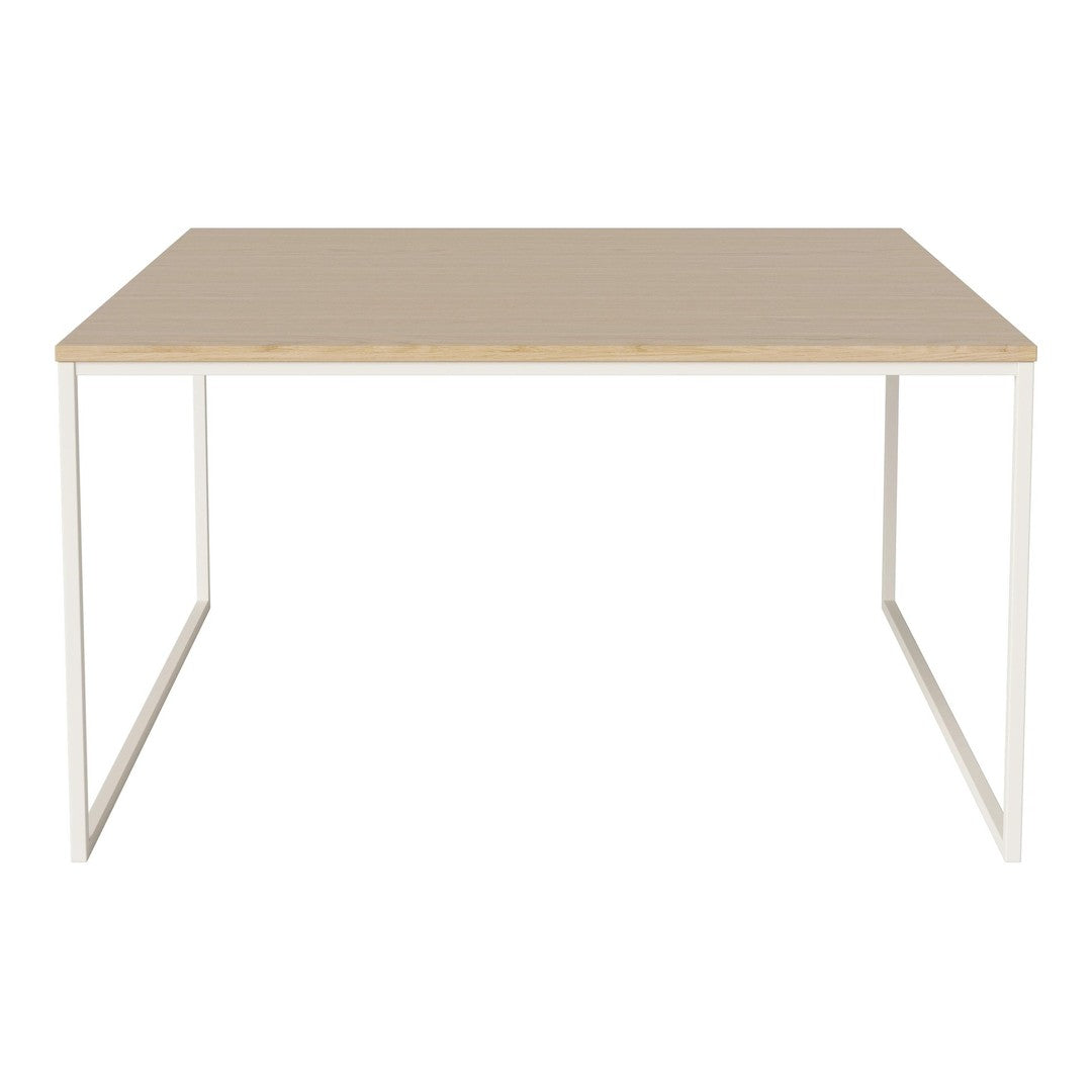 Minimalist beige table with a smooth surface and white metal legs, perfect for modern decor.