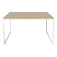 Minimalist beige table with a smooth surface and white metal legs, perfect for modern decor.