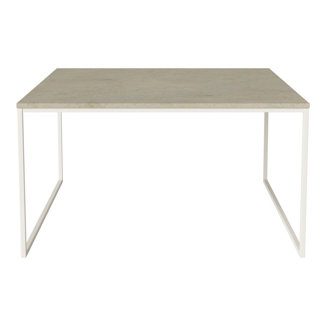 Light gray tabletop with a smooth finish, complemented by sleek white metal legs. Modern minimalist design.