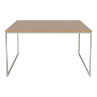Wooden tabletop with a light natural finish, complemented by sleek silver metal legs, offering a modern aesthetic.
