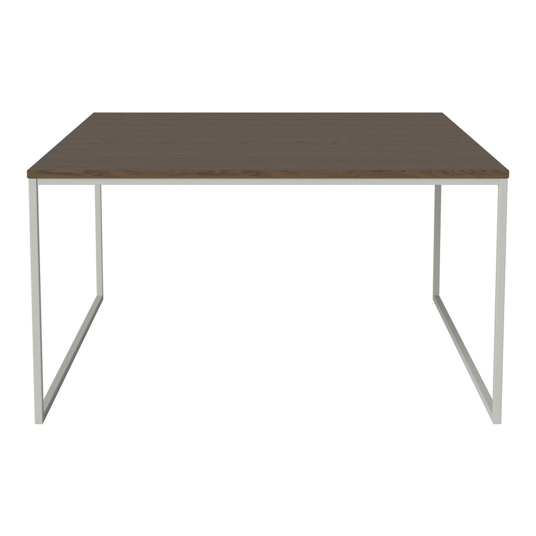 Brown wooden tabletop with a smooth finish, featuring clean lines and a modern silver frame. Perfect for any space.
