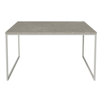 Gray marble tabletop with subtle veining and sleek silver metal legs. Modern minimalist design for versatile decor.