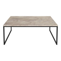 Modern rectangular coffee table featuring a textured gray surface and sleek black metal legs.