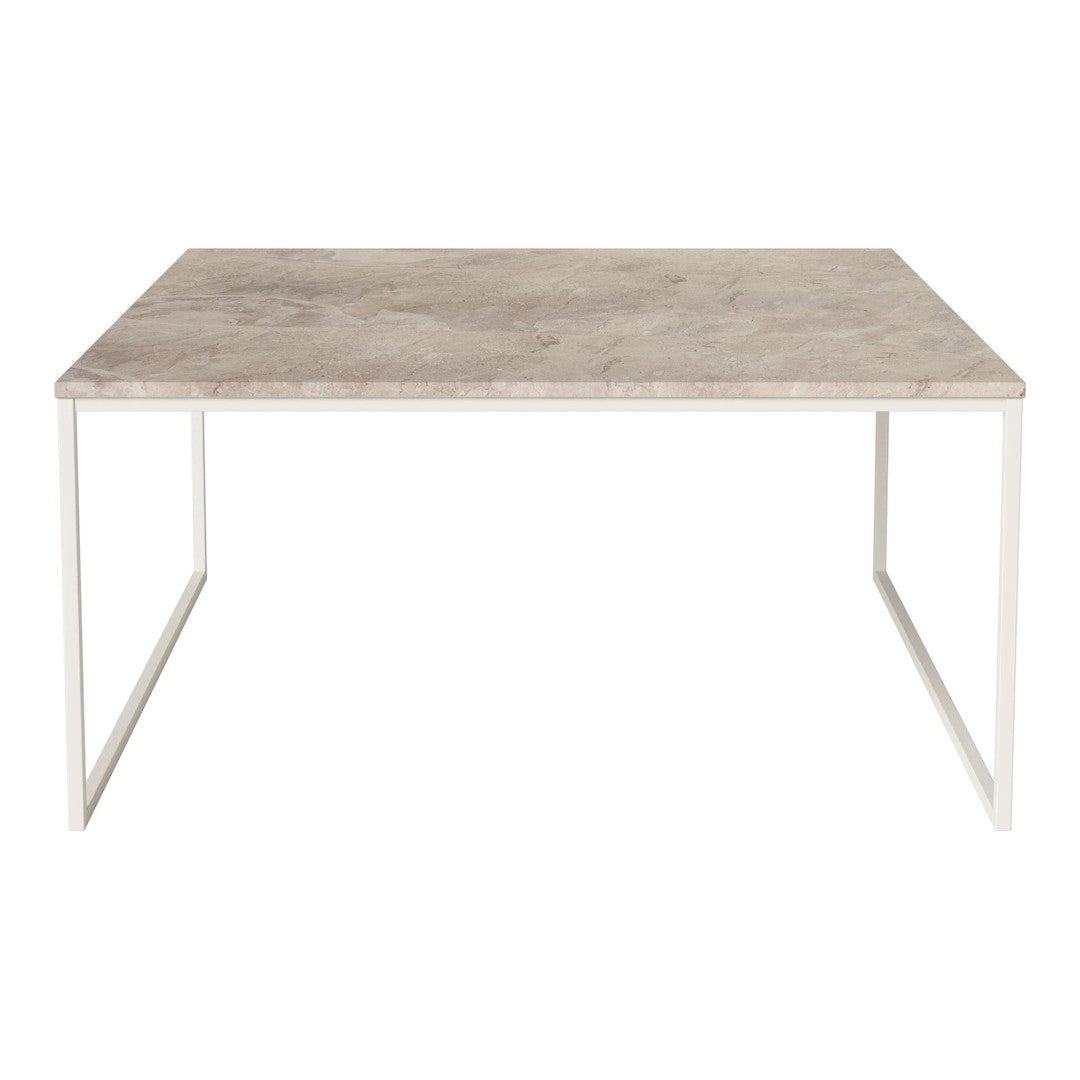 Minimalist rectangular table with a sleek gray marble top and white metal legs, perfect for modern decor.