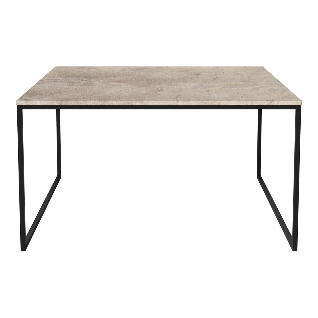 Gray marble tabletop with subtle patterns, supported by a sleek black metal frame. Perfect for modern decor.