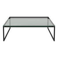 Clear glass coffee table with a sleek black metal frame and minimalistic design. Modern style with clean lines.