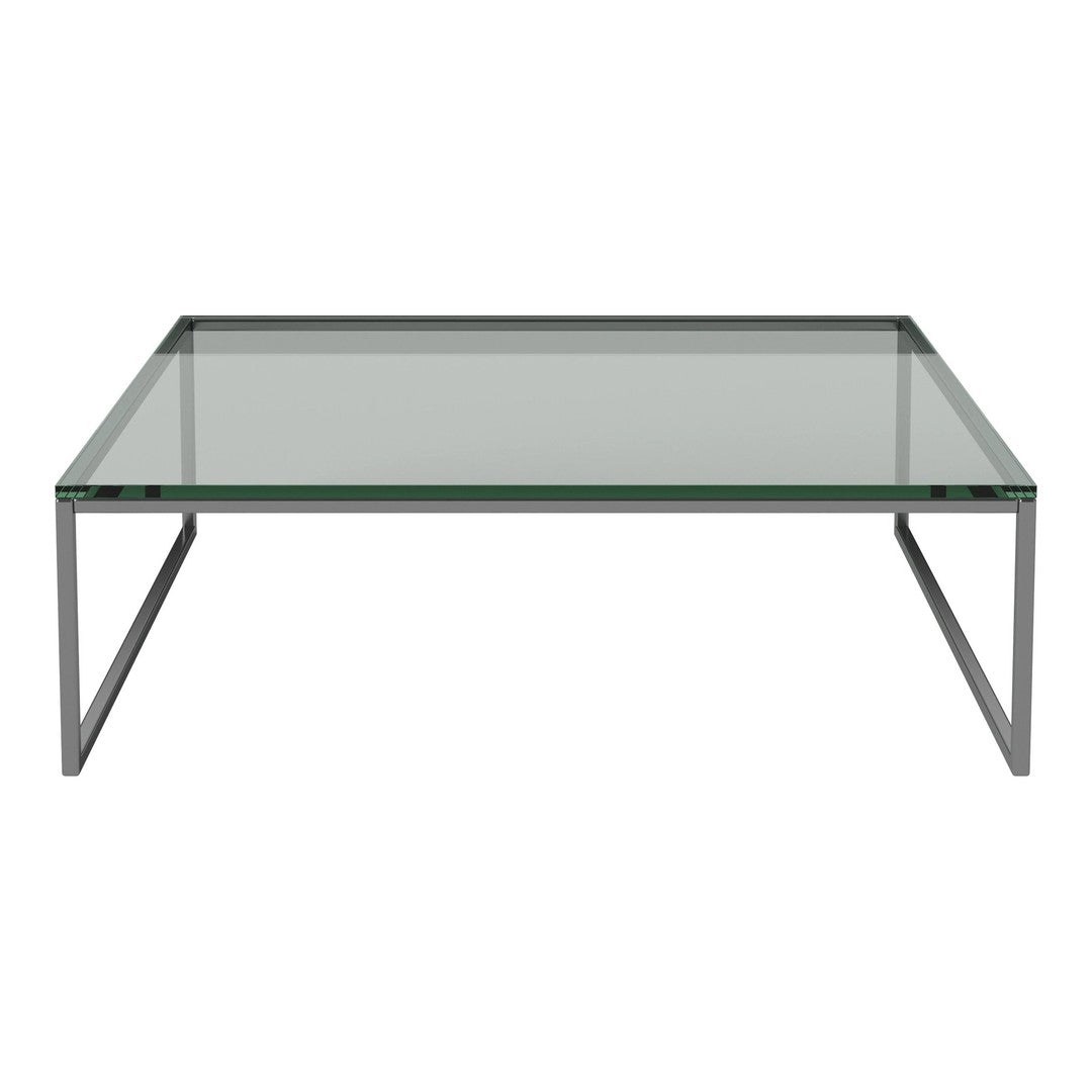 Modern glass coffee table with a sleek, transparent surface and minimalistic silver metal legs.