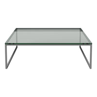 Modern glass coffee table with a sleek, transparent surface and minimalistic silver metal legs.