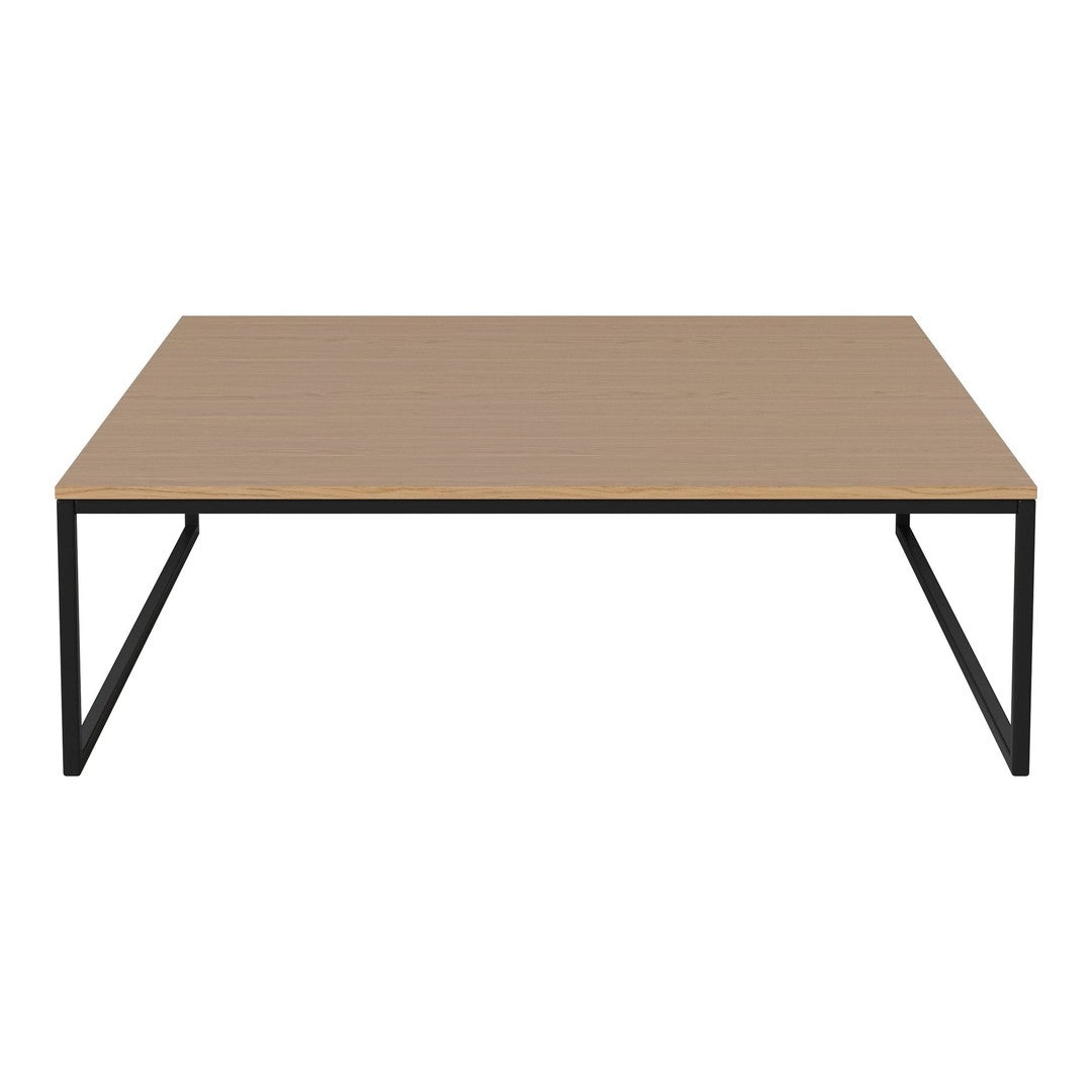 Square wooden coffee table with a light brown top and sleek black metal legs, featuring a minimalist design.