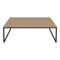 Square wooden coffee table with a light brown top and sleek black metal legs, featuring a minimalist design.