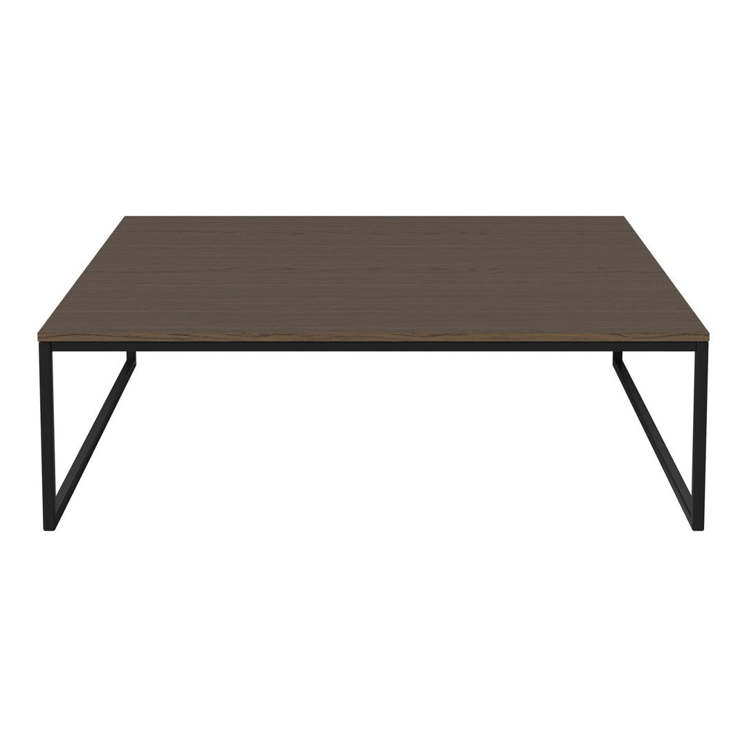 Brown rectangular table with a smooth wood grain surface and black metal legs, featuring a minimalist design.