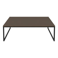 Brown rectangular table with a smooth wood grain surface and black metal legs, featuring a minimalist design.