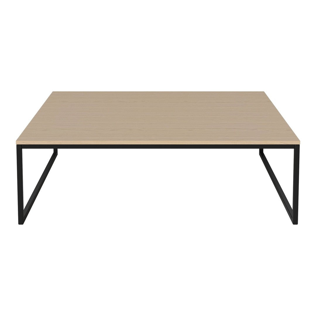 Light wood tabletop with a smooth finish, paired with a sleek black metal frame, creating a modern look.