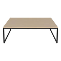Light wood tabletop with a smooth finish, paired with a sleek black metal frame, creating a modern look.