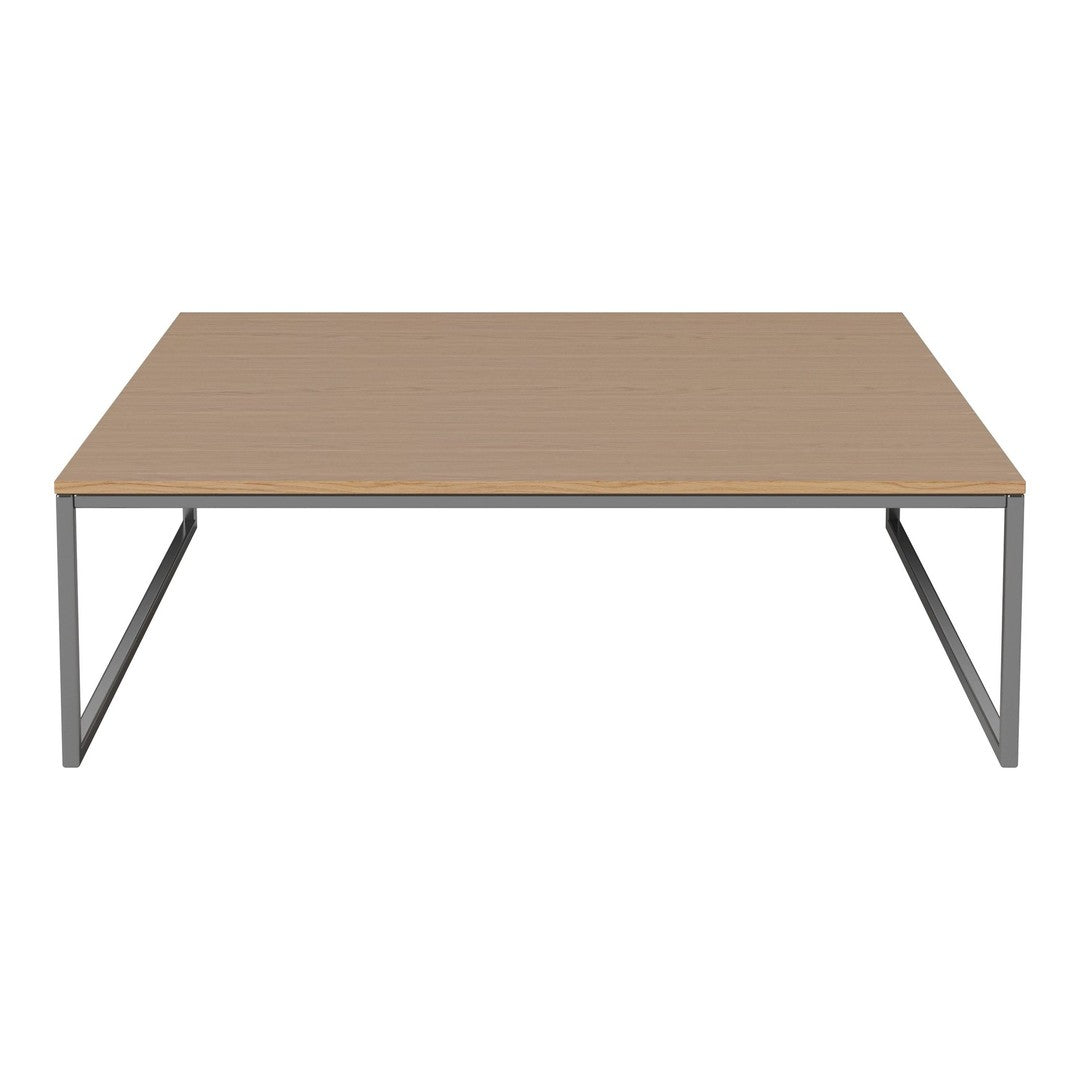 Modern coffee table with a light brown wood finish and sleek gray metal frame, featuring a simple, clean design.