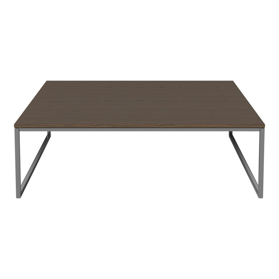 Brown wooden coffee table with a sleek, minimalist design and metal legs, perfect for modern living spaces.