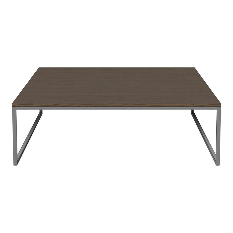 Brown wooden coffee table with a sleek, minimalist design and metal legs, perfect for modern living spaces.