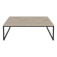Light beige marble tabletop with subtle veining, paired with a sleek black metal frame. Modern and minimalist design.