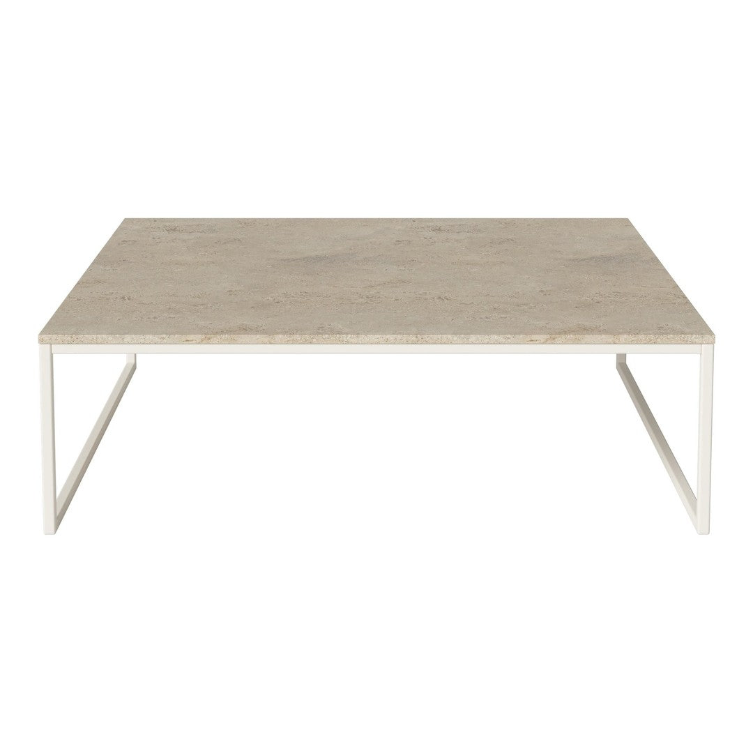 Light beige rectangular coffee table with a smooth surface and sleek white metal legs, perfect for modern decor.