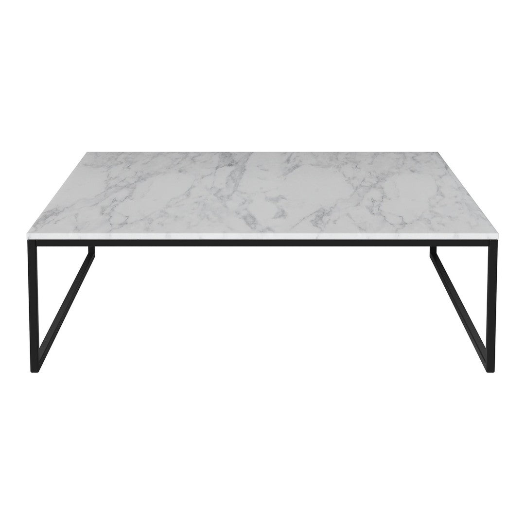 White marbled tabletop with gray veining, supported by a sleek black metal frame. Modern and minimalist design.