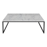 White marbled tabletop with gray veining, supported by a sleek black metal frame. Modern and minimalist design.