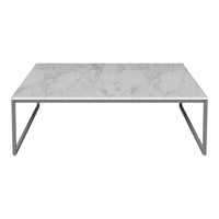 White marble coffee table with gray veining and a minimalist metallic frame. Elegant and modern design.