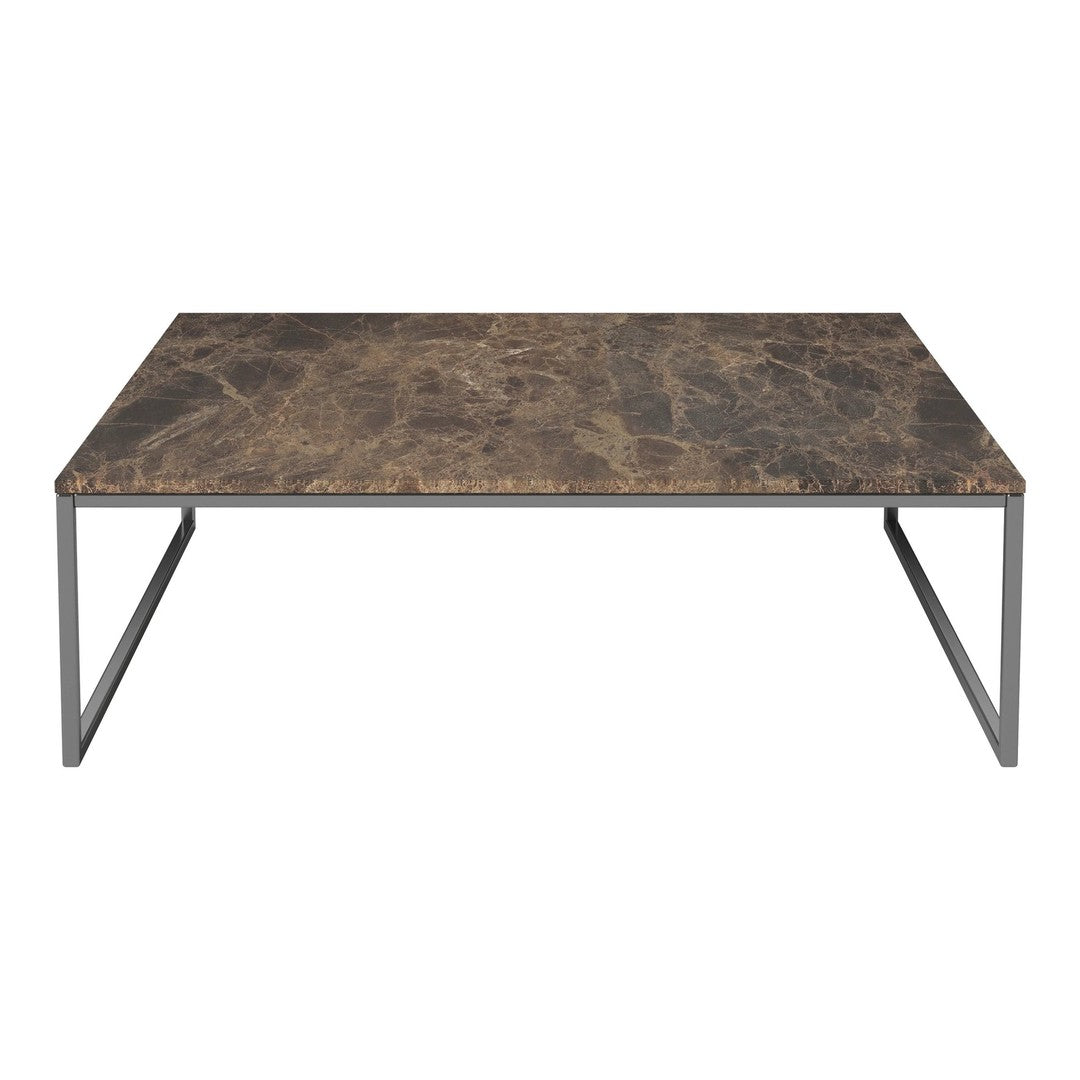 Brown marble-pattern tabletop with sleek black metal legs, offering a modern aesthetic for any living space.