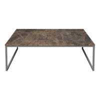 Brown marble-pattern tabletop with sleek black metal legs, offering a modern aesthetic for any living space.