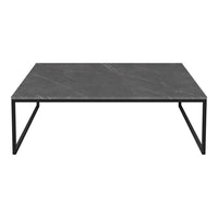 Sleek black marble coffee table with subtle white veining and a minimalist black metal frame. Perfect for modern decor.