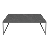 Gray marble coffee table with sleek metal legs, featuring subtle veining and a modern minimalist design.