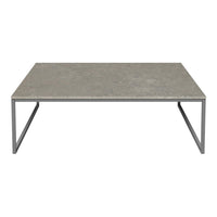 Gray rectangular coffee table with a smooth surface and sleek metallic legs, perfect for modern decor.