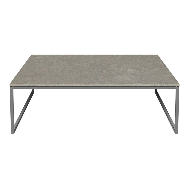 Gray rectangular coffee table with a smooth surface and sleek metallic legs, perfect for modern decor.