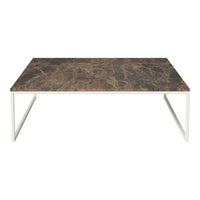 Brown marble coffee table with a smooth finish and sleek white metal legs, featuring natural stone patterns.