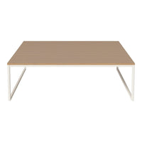 Light brown table top with a smooth finish and white metal legs, showcasing a modern minimalist design.