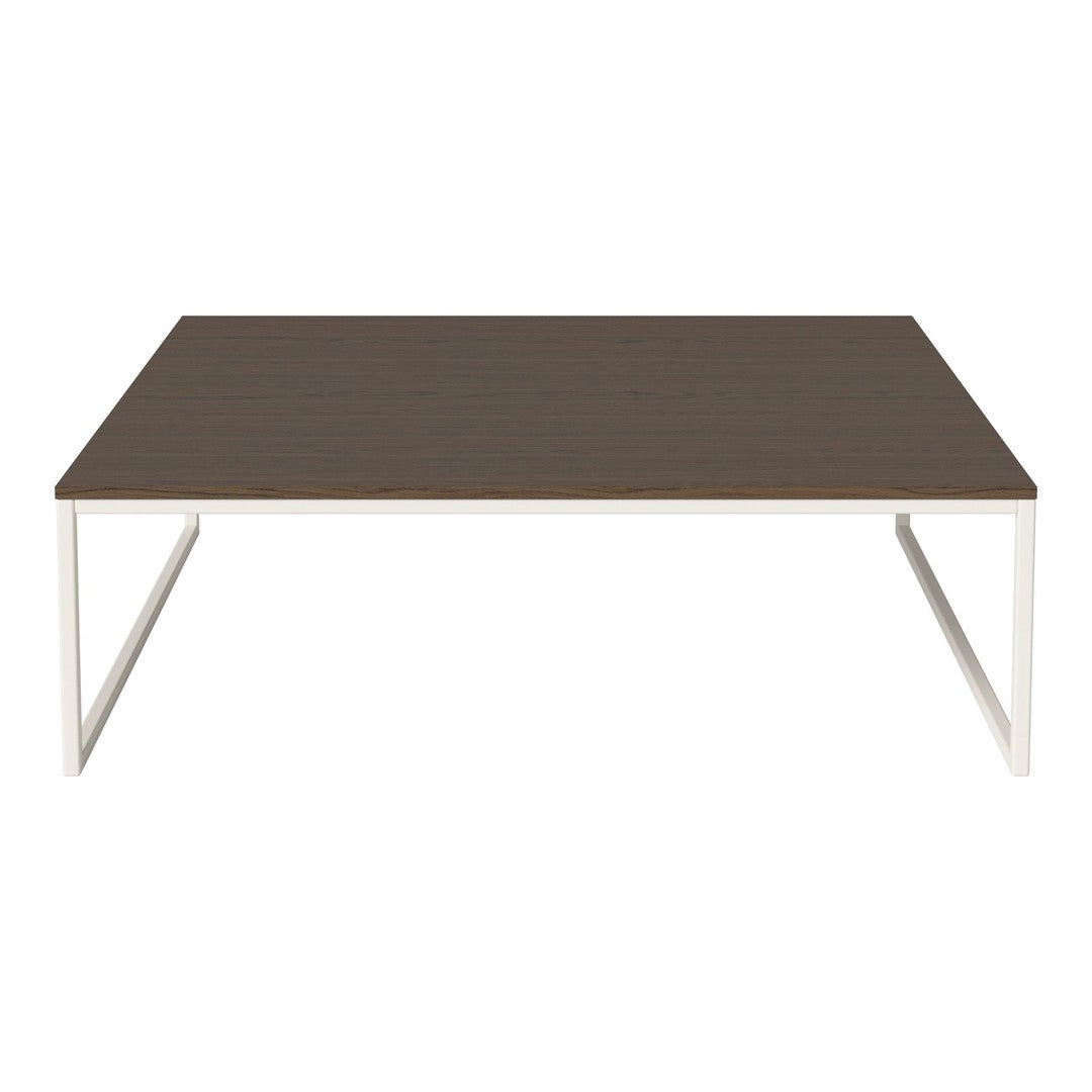 Brown wooden tabletop with a smooth finish and sleek white metal legs, perfect for modern decor.