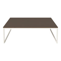 Brown wooden tabletop with a smooth finish and sleek white metal legs, perfect for modern decor.