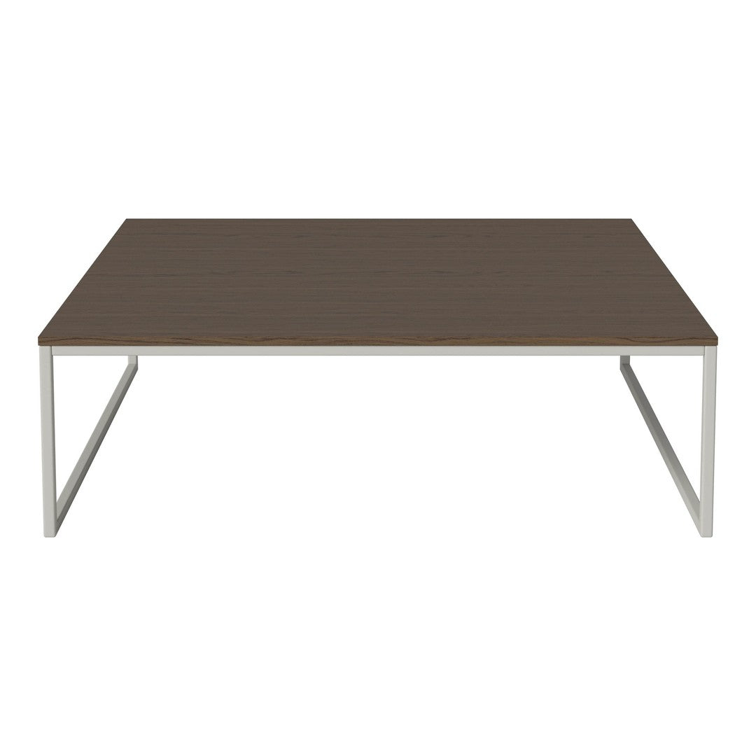 Brown rectangular coffee table with a smooth finish and sleek silver metal legs. Modern and minimalistic design.
