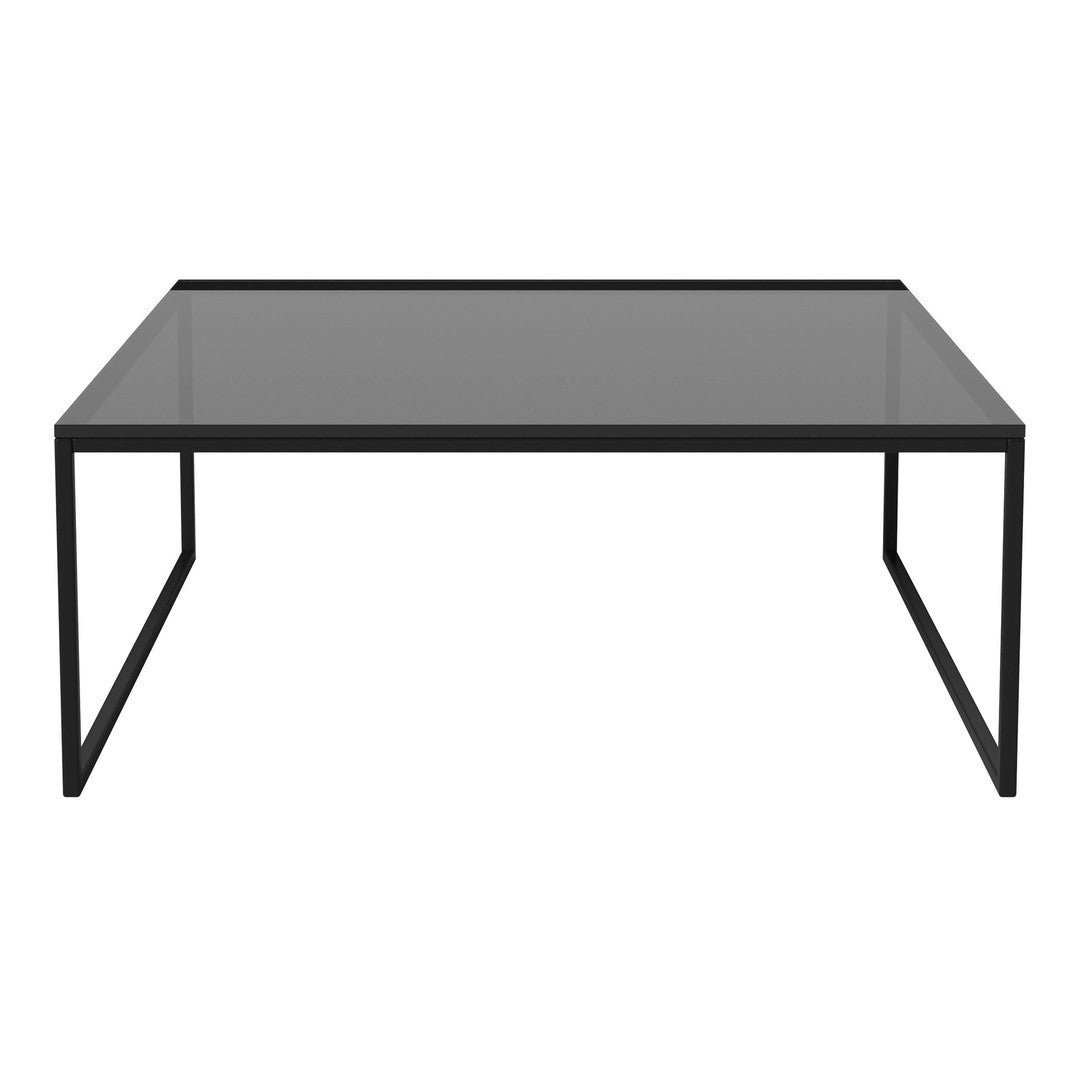 Modern black frame coffee table with a sleek glass top, featuring a minimalist design and smooth surfaces.