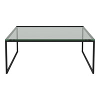 "Modern rectangular coffee table with a transparent glass top and black metal frame, featuring clean lines and minimalistic design."
