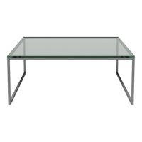 Clear glass coffee table with sleek silver metal legs, featuring a minimalist design and modern aesthetic.