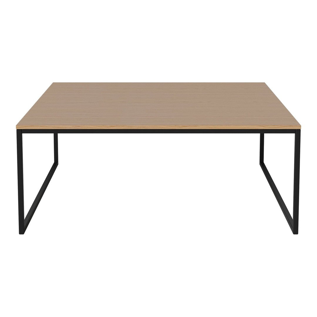 Minimalist brown tabletop with black metal frame, featuring a sleek, modern design and smooth surface finish.