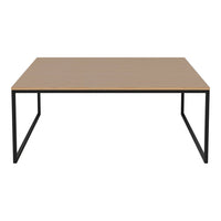 Minimalist brown tabletop with black metal frame, featuring a sleek, modern design and smooth surface finish.