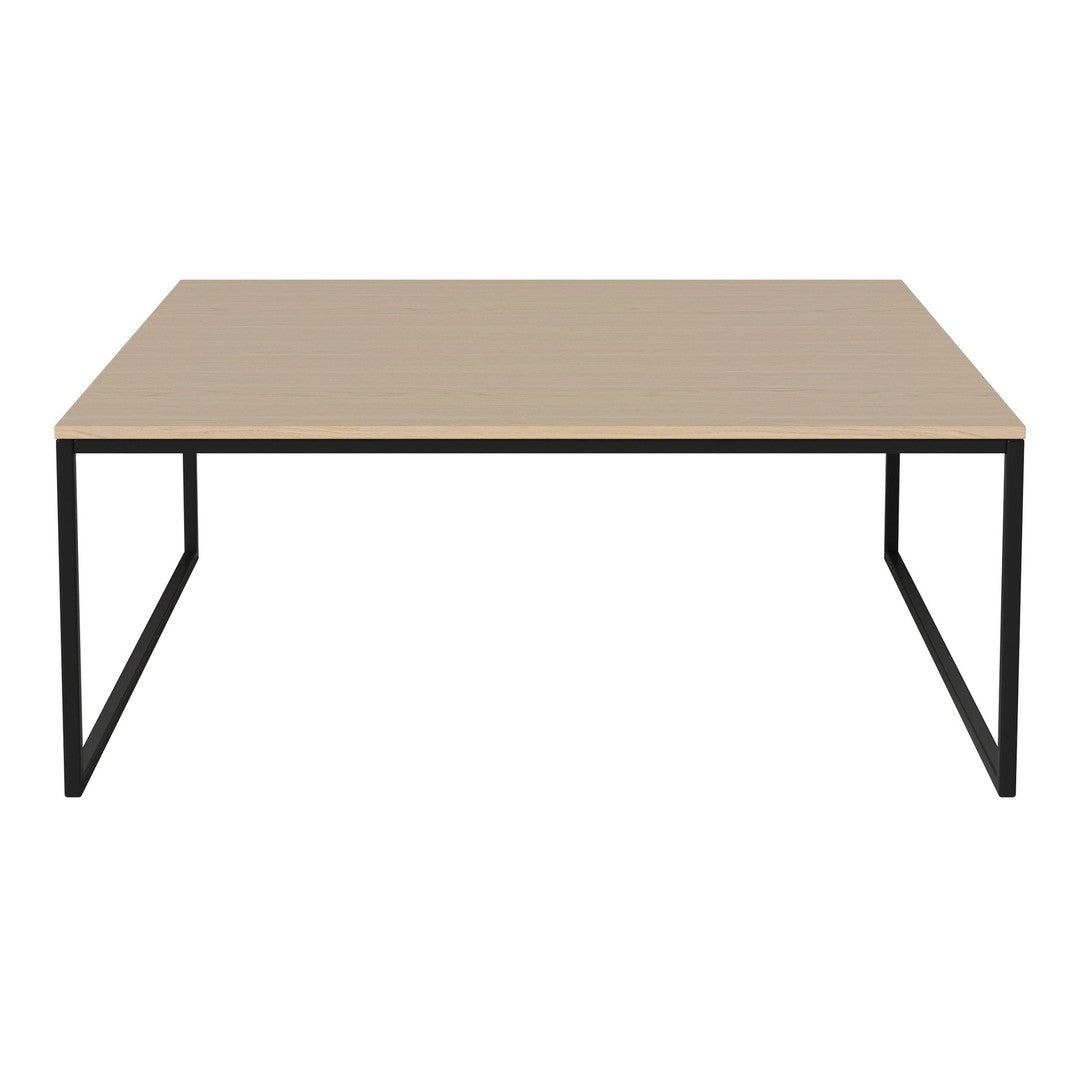 Modern rectangular table with a light wood top and sleek black metal legs. Simple, stylish design for any decor.