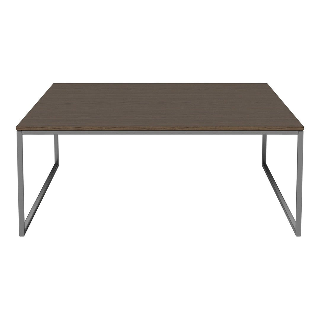 Brown wood tabletop with a sleek silver metal frame, showcasing a minimalist design and modern style.