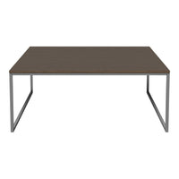 Brown wood tabletop with a sleek silver metal frame, showcasing a minimalist design and modern style.