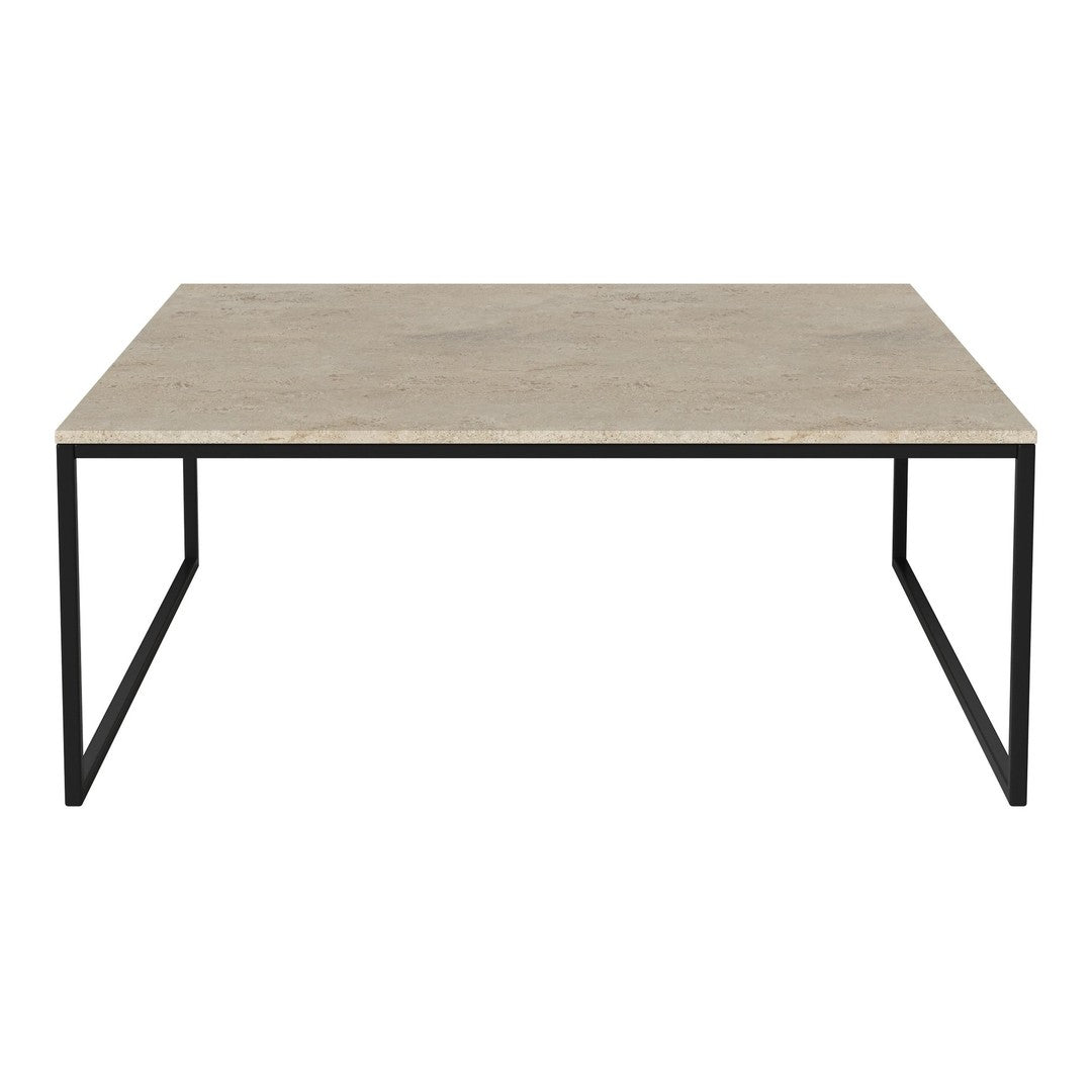 Light beige tabletop with subtle pattern, framed by a sleek black metal base. Modern and minimalist design.