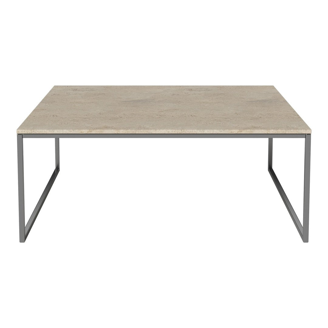 Beige marble tabletop with a smooth surface, paired with a sleek silver metal frame. Modern minimalist design.